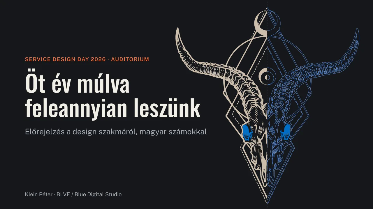 Az előadás címdiája: Öt év múlva feleannyian leszünk. Előrejelzés a design szakmáról, magyar számokkal.